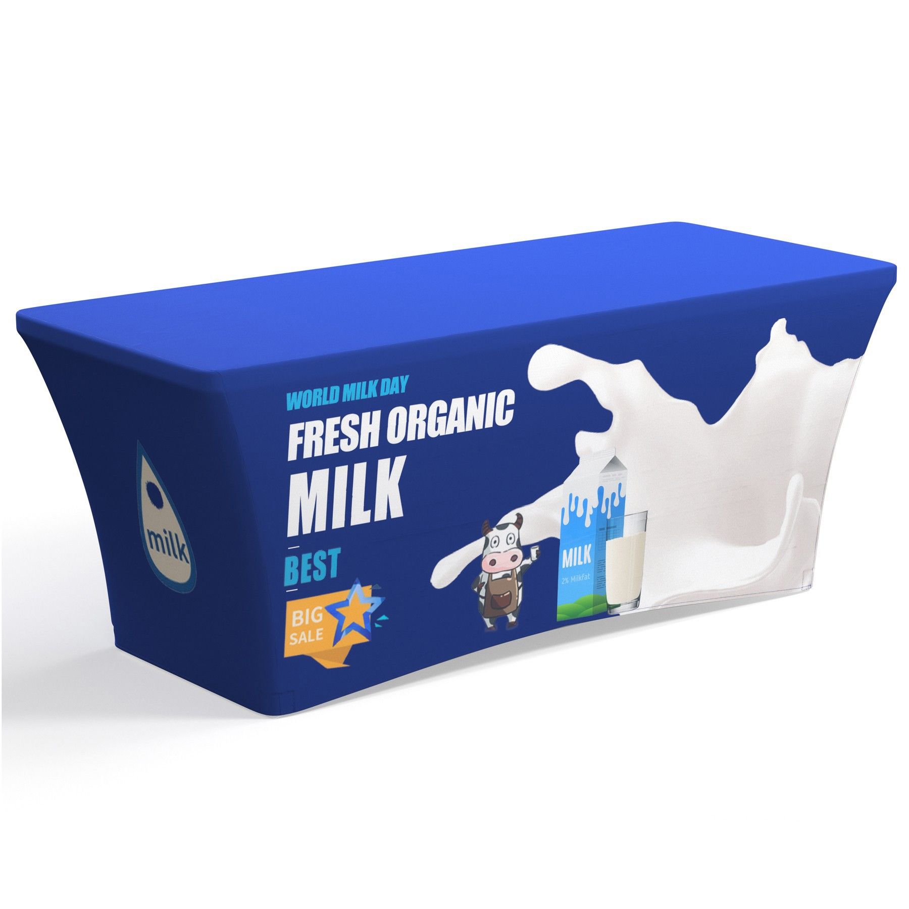 A blue table cloth with a picture of fresh organic milk on it.