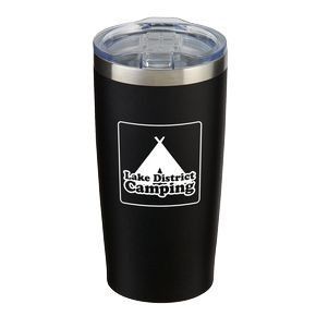 A black stainless steel tumbler with a logo for lake district camping on it.
