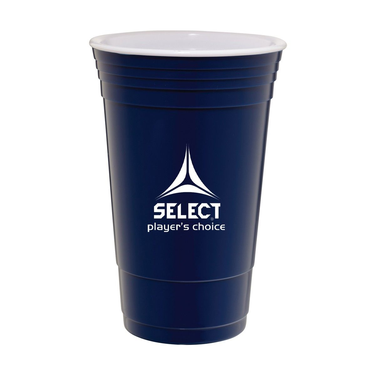 A blue plastic cup with the word select on it.