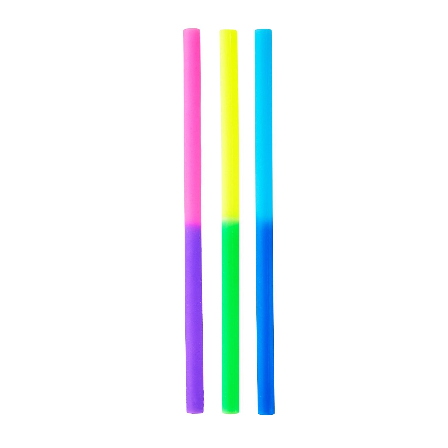 Three colorful straws are lined up next to each other on a white background.
