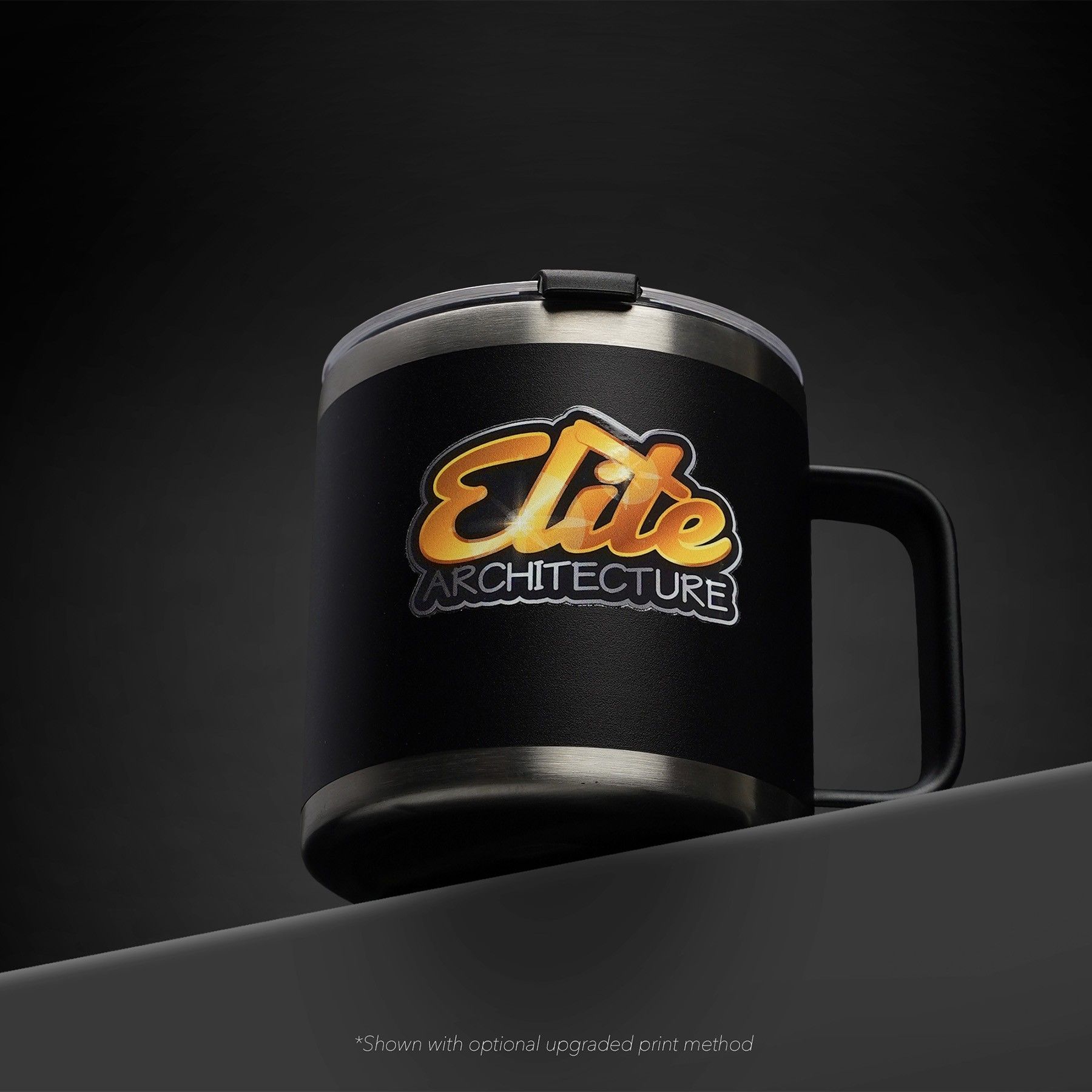 A black mug with the words elite architecture on it