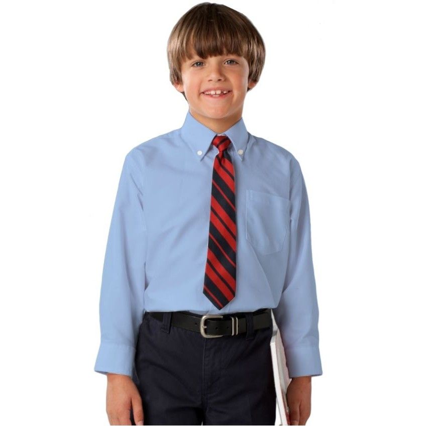 A young boy wearing a light blue shirt and a red and black striped tie