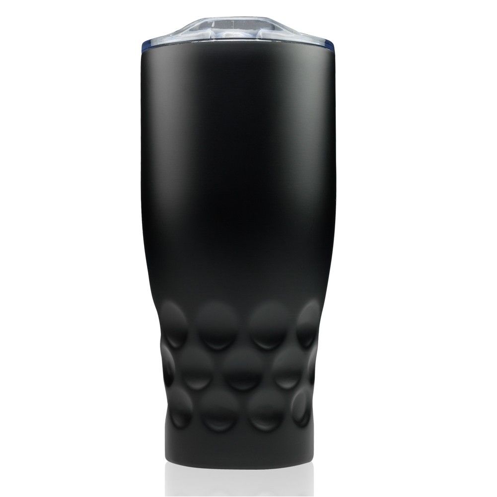 A black stainless steel tumbler with a golf ball design