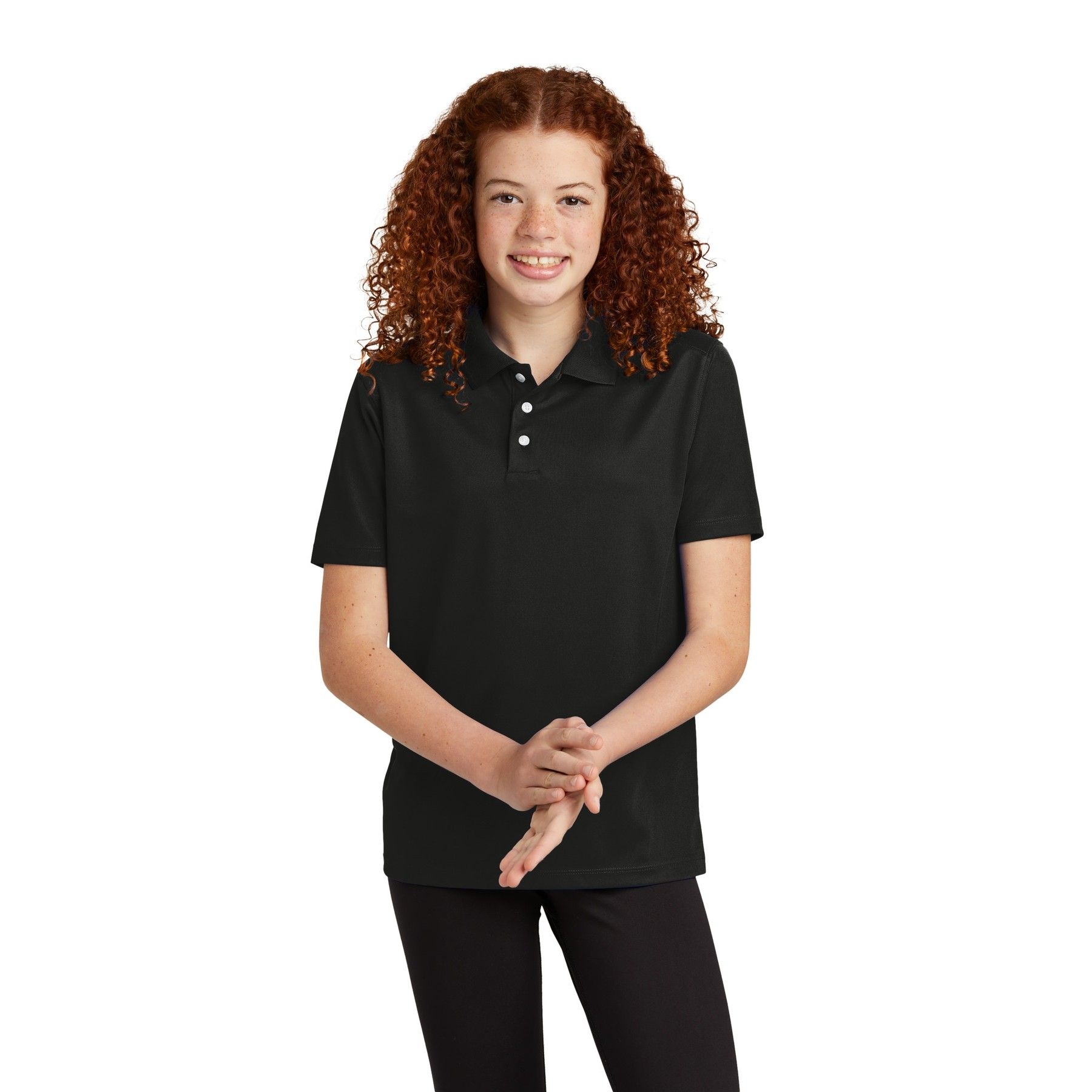 A young girl is wearing a black polo shirt and black pants.
