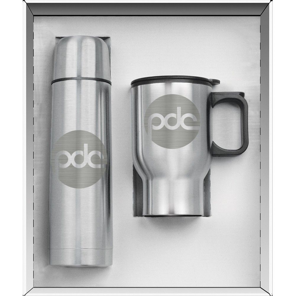 A stainless steel thermos and a stainless steel mug in a box.