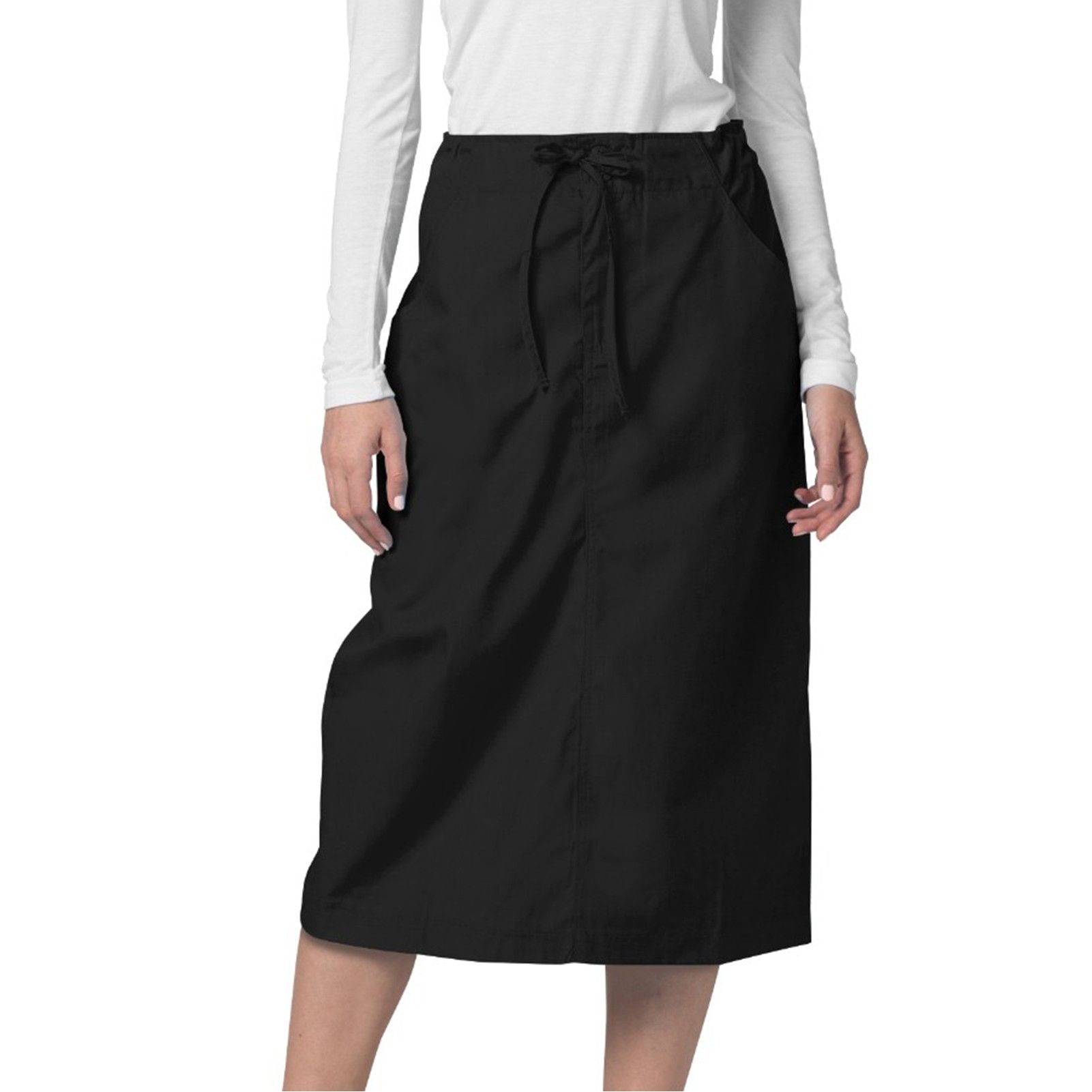 A woman wearing a white shirt and a black skirt