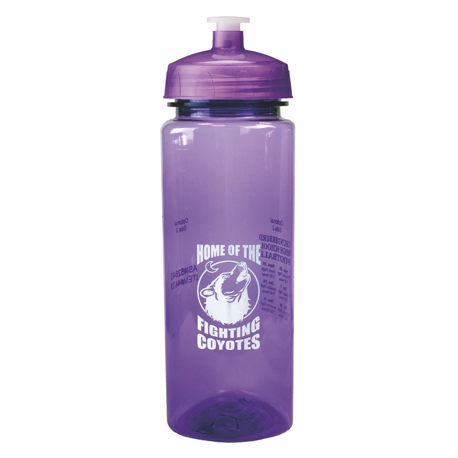 A purple water bottle that says one of the fighting coyotes