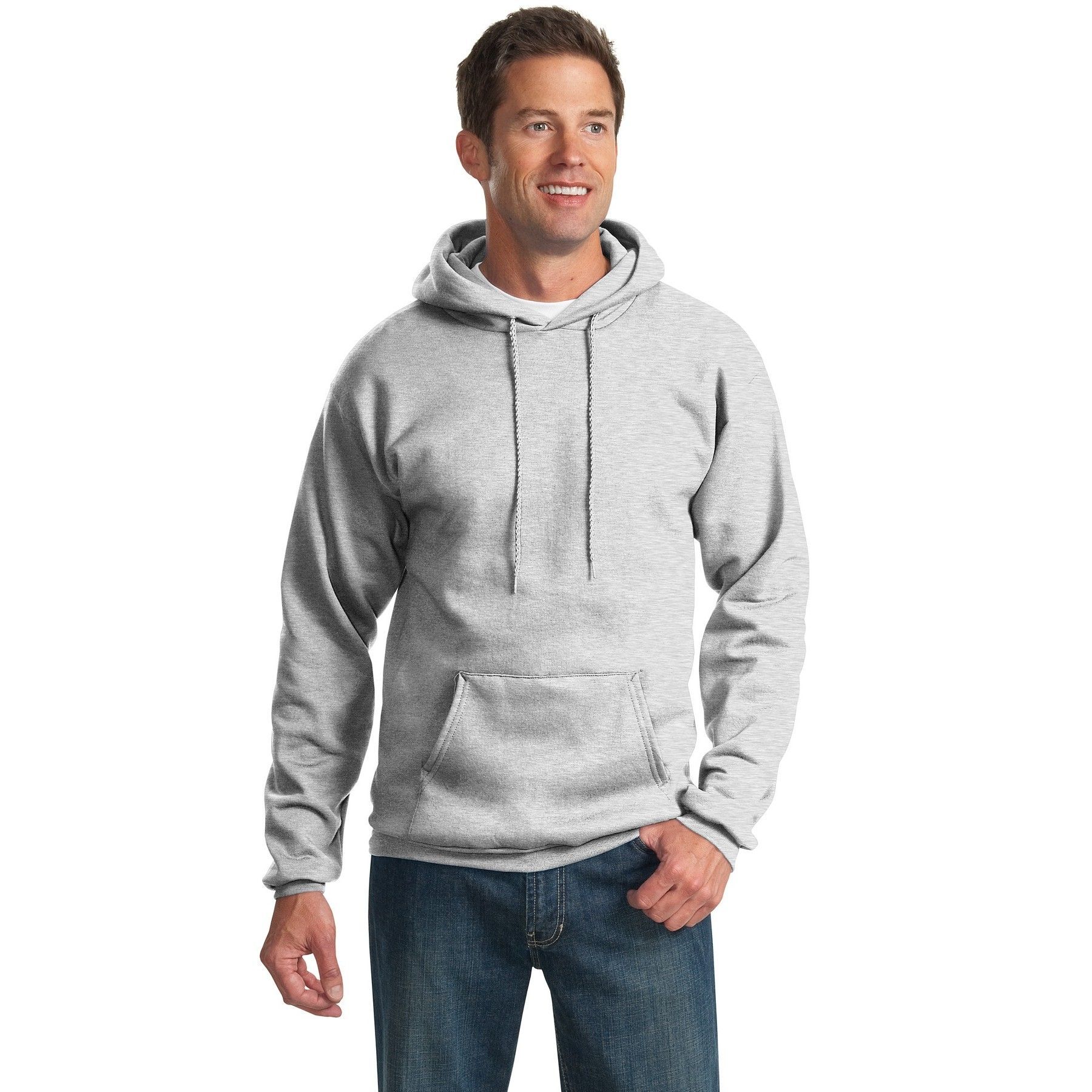 A man is wearing a grey hoodie and jeans
