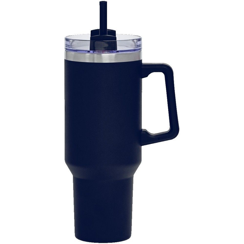 A black stainless steel tumbler with a handle and straw.