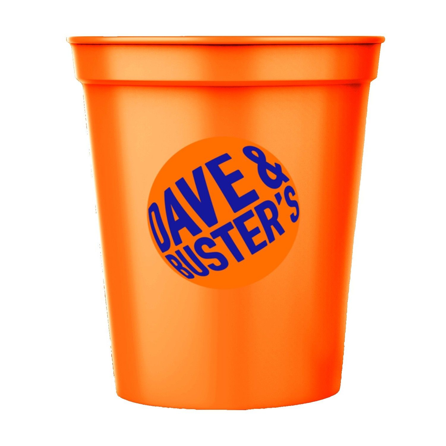 An orange cup that says dave & buster 's on it