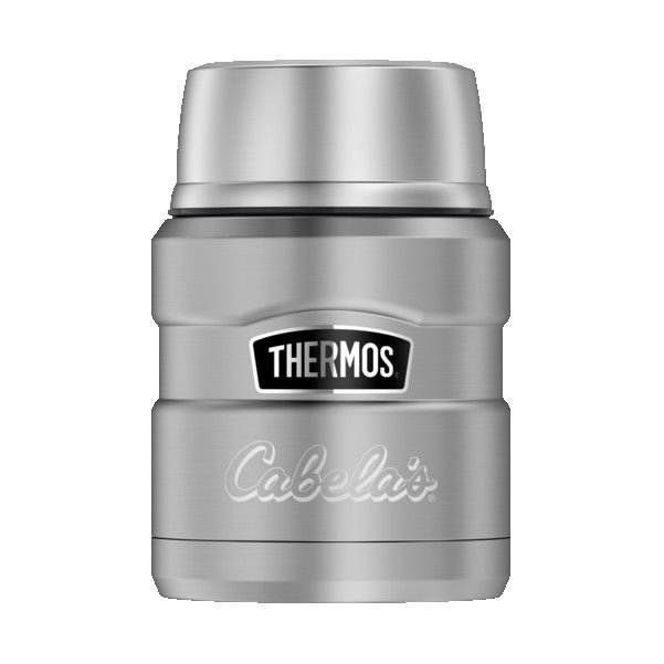 A stainless steel thermos from cabela 's on a white background.