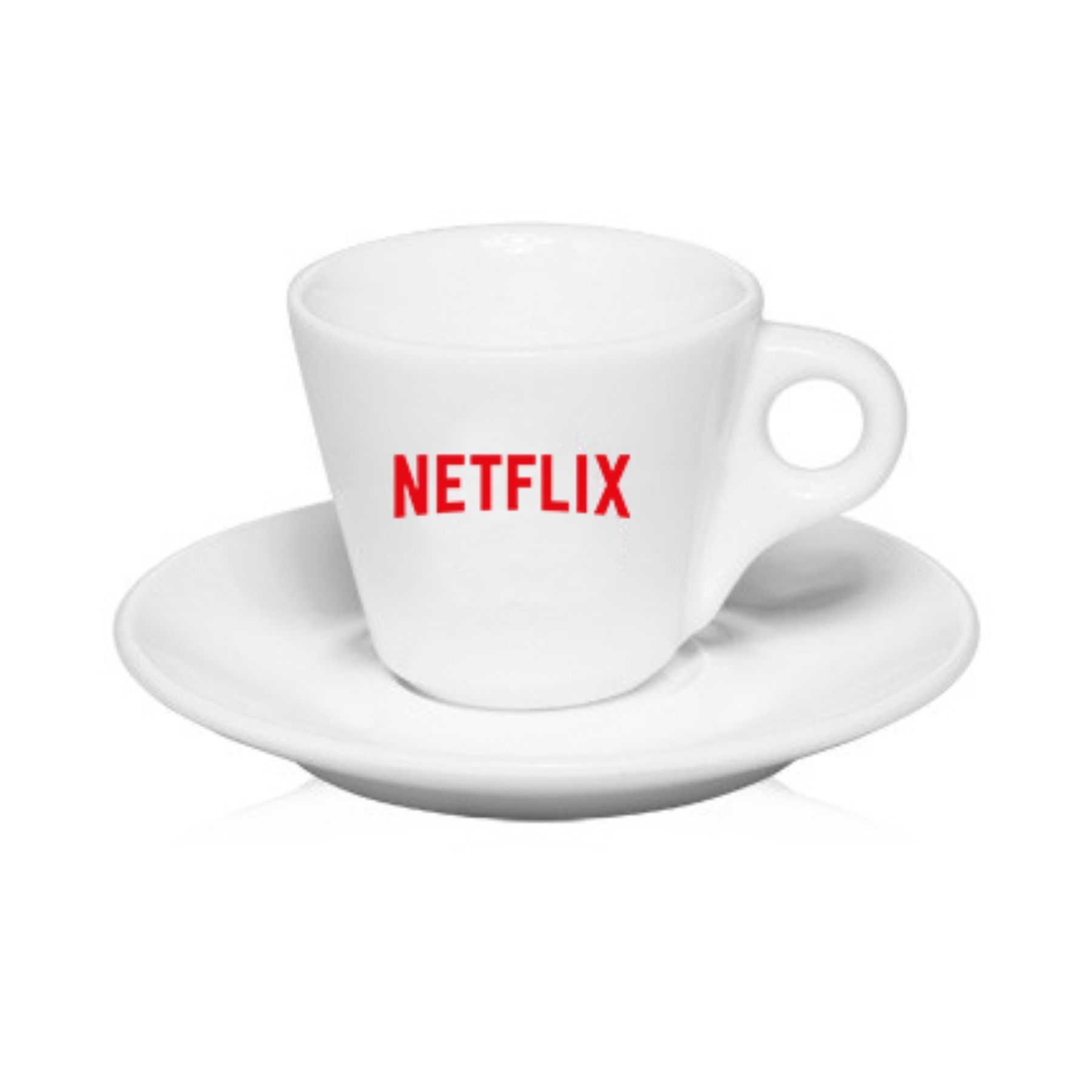 A cup and saucer with the word netflix on it
