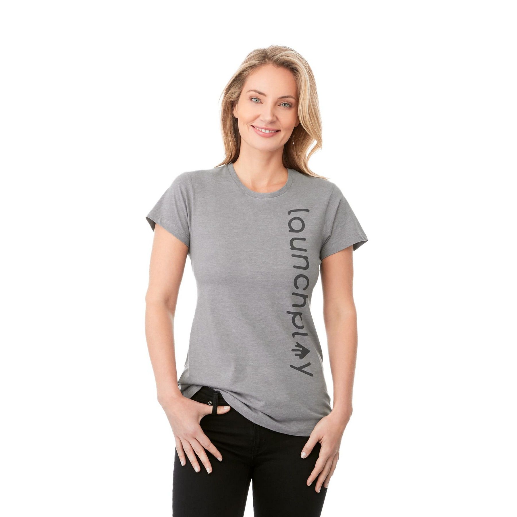 A woman wearing a grey t-shirt that says launchplay
