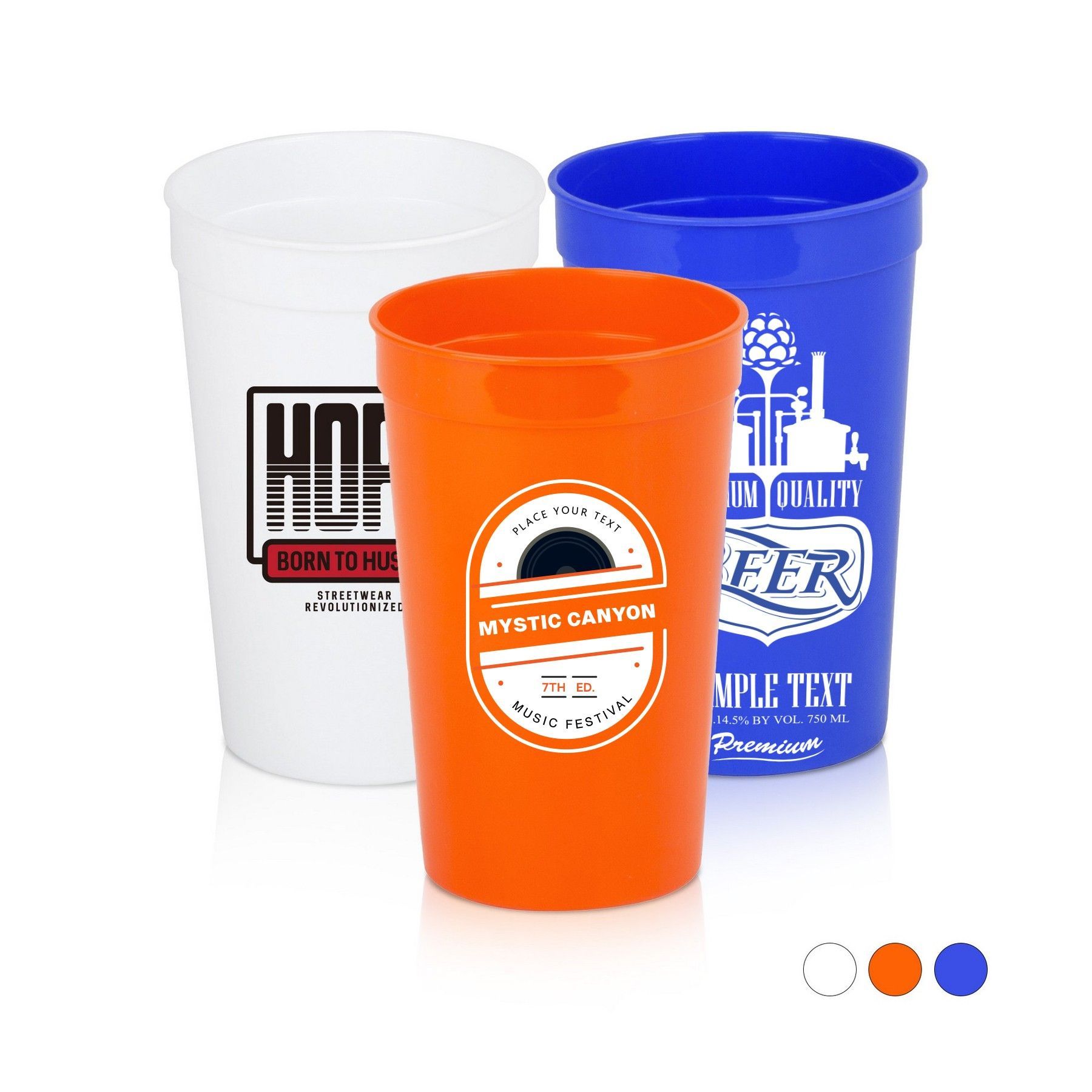 Three plastic cups are sitting next to each other on a white surface.