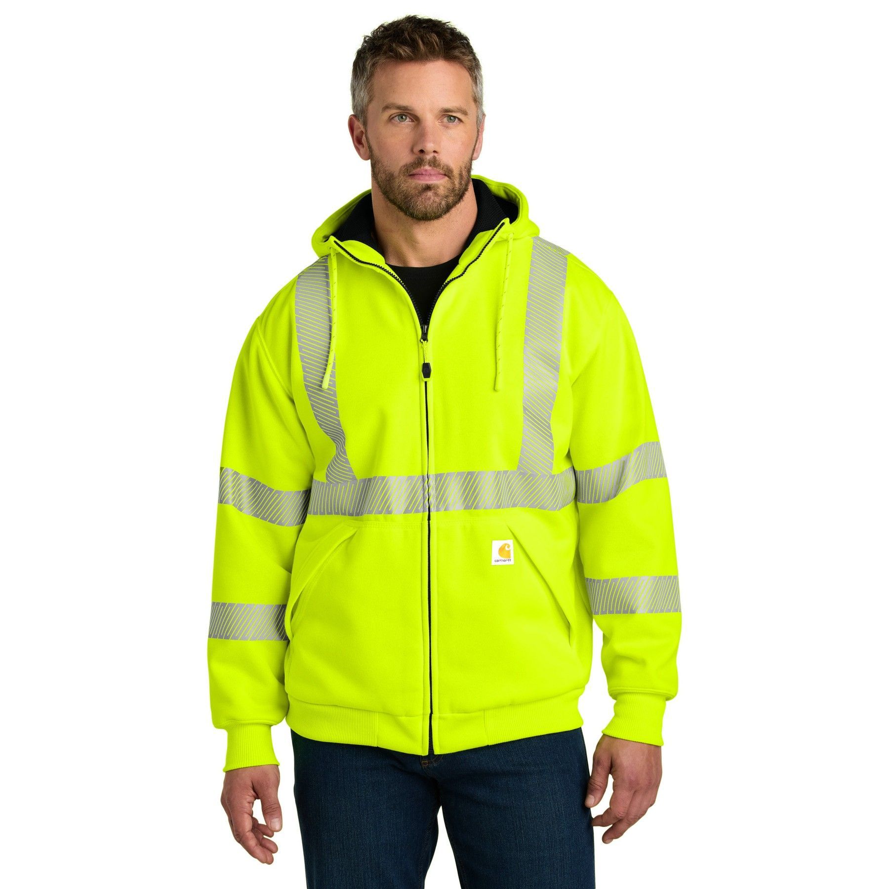 A man is wearing a neon yellow hoodie with reflective stripes