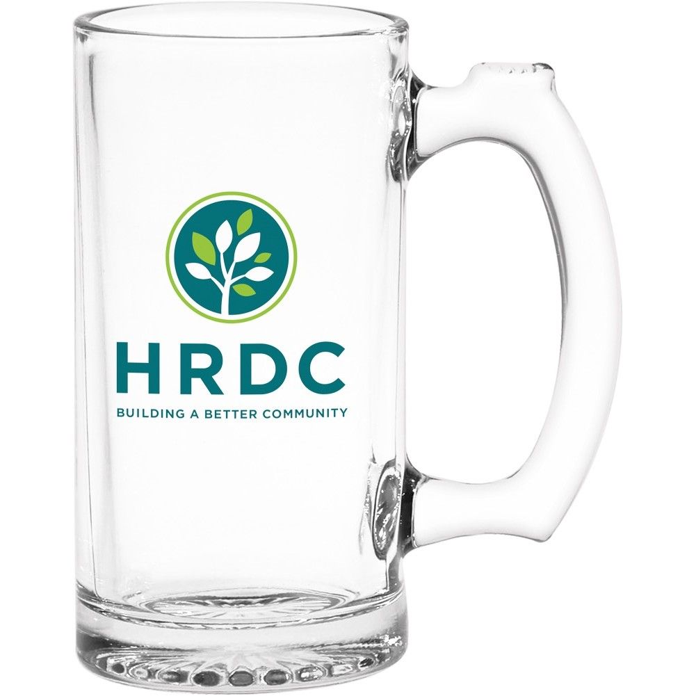 A glass mug with the hrdc logo on it.