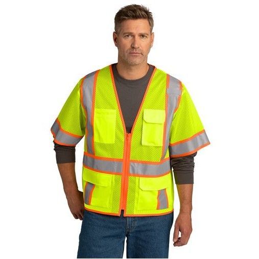 A man wearing a yellow and orange safety vest