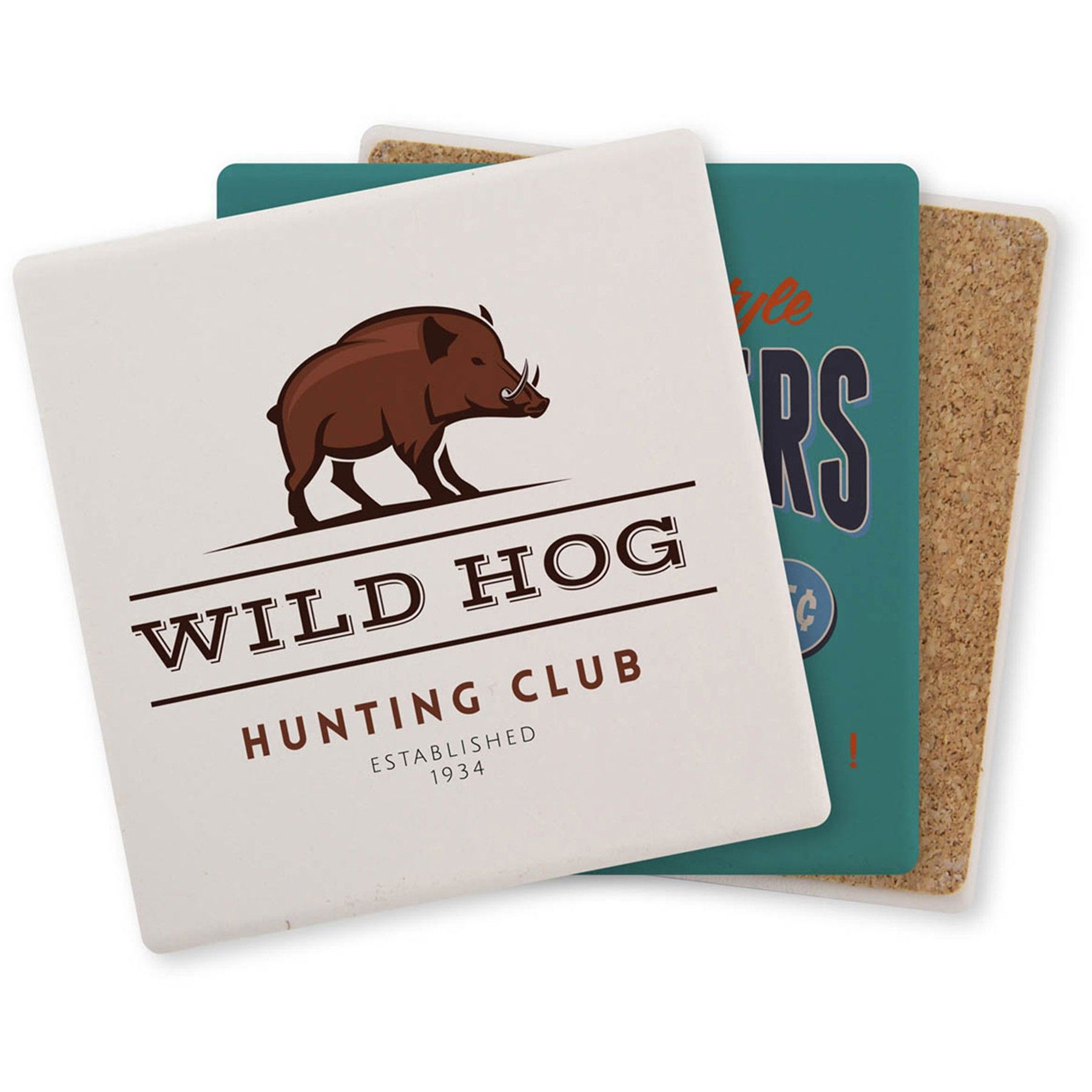 A coaster with a wild hog hunting club logo on it.