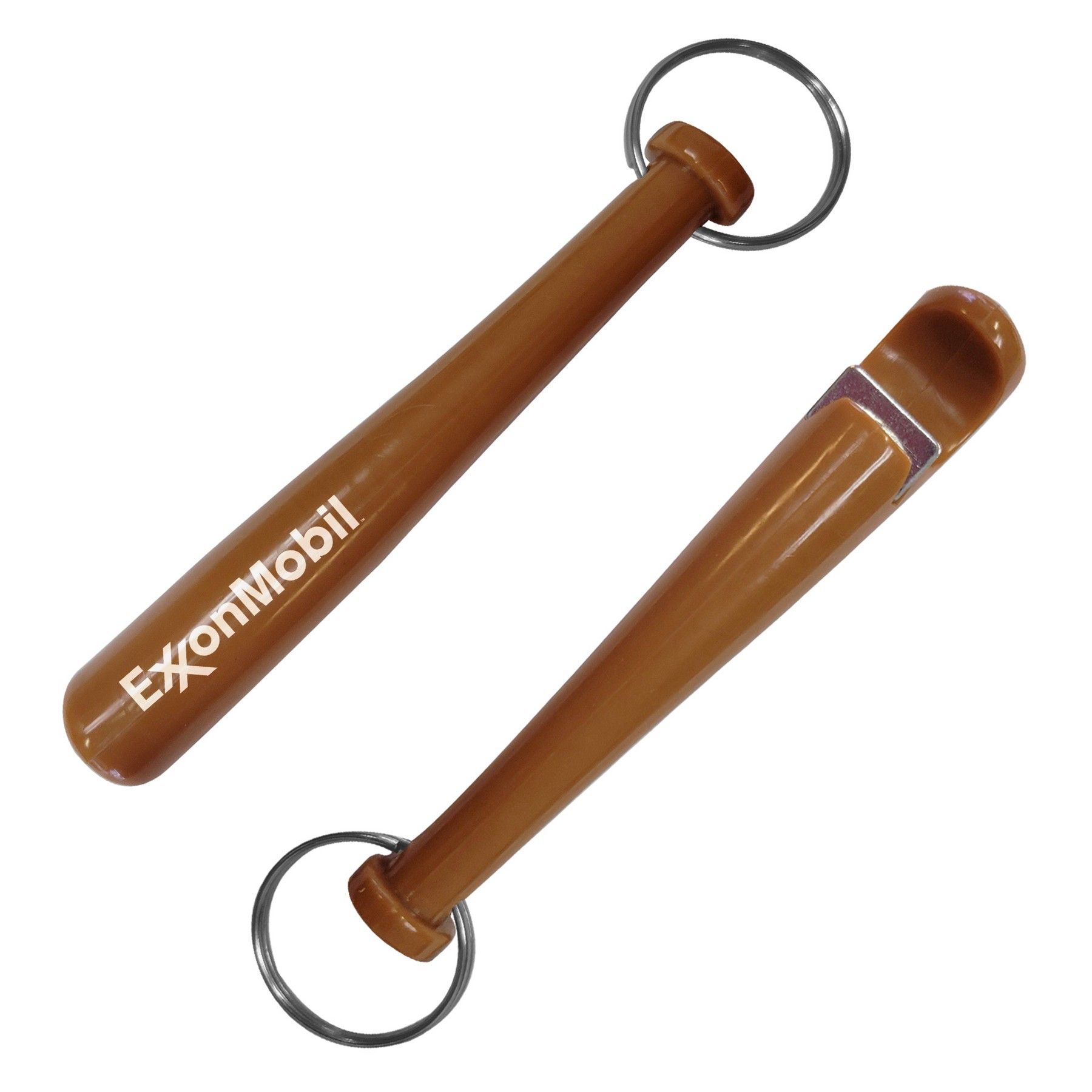 A baseball bat keychain with exxonmobil written on it
