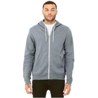 A man is wearing a grey zip up hoodie.