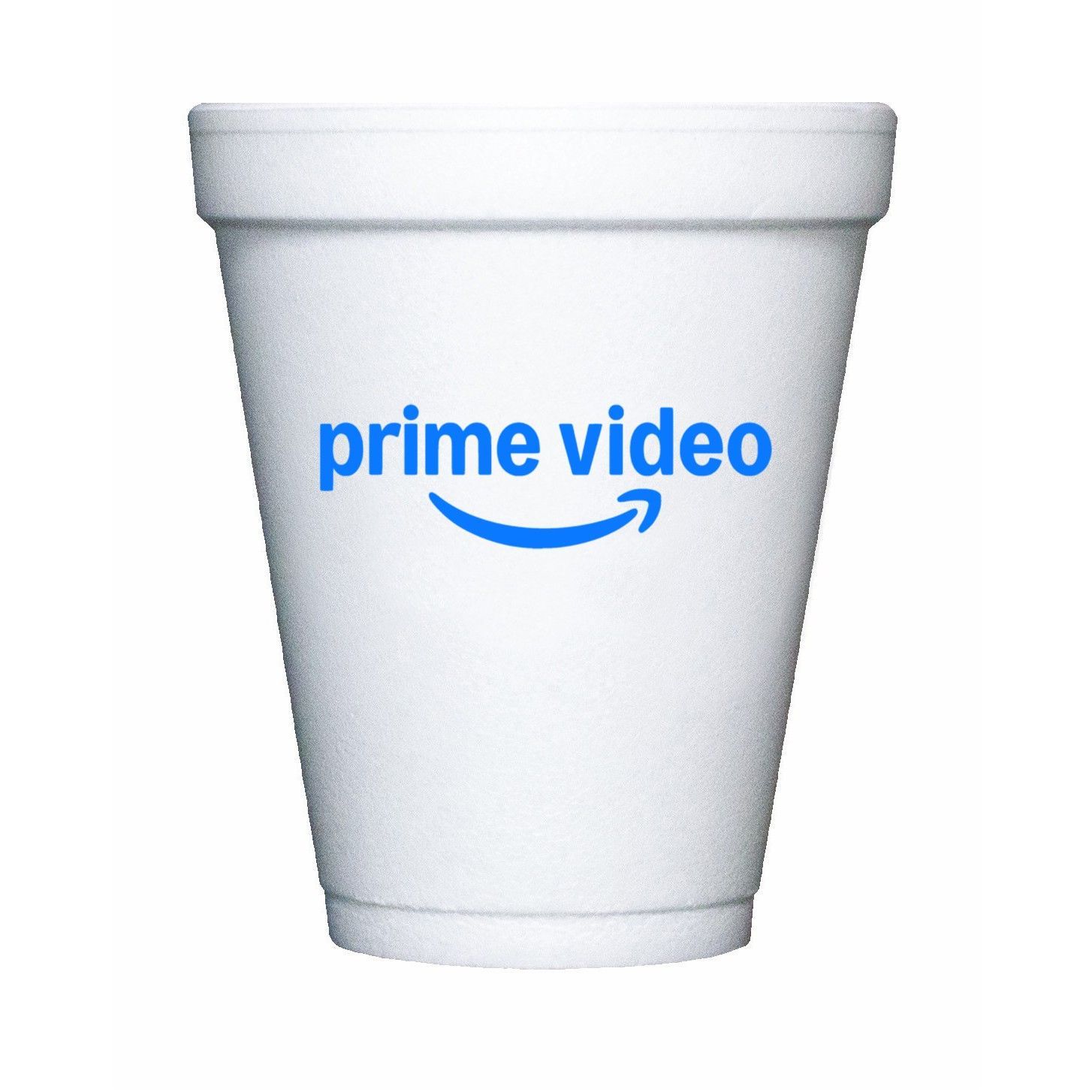 A styrofoam cup with the word prime video on it