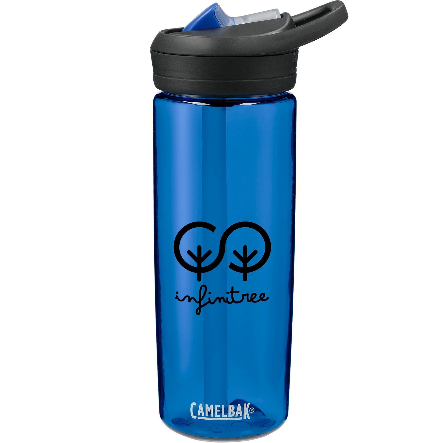 A blue camelbak water bottle with a black lid