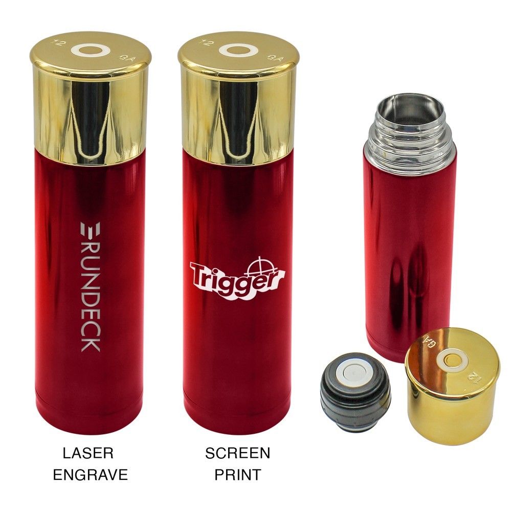 Red and gold Thermos that looks like a shotgun shell on a white background