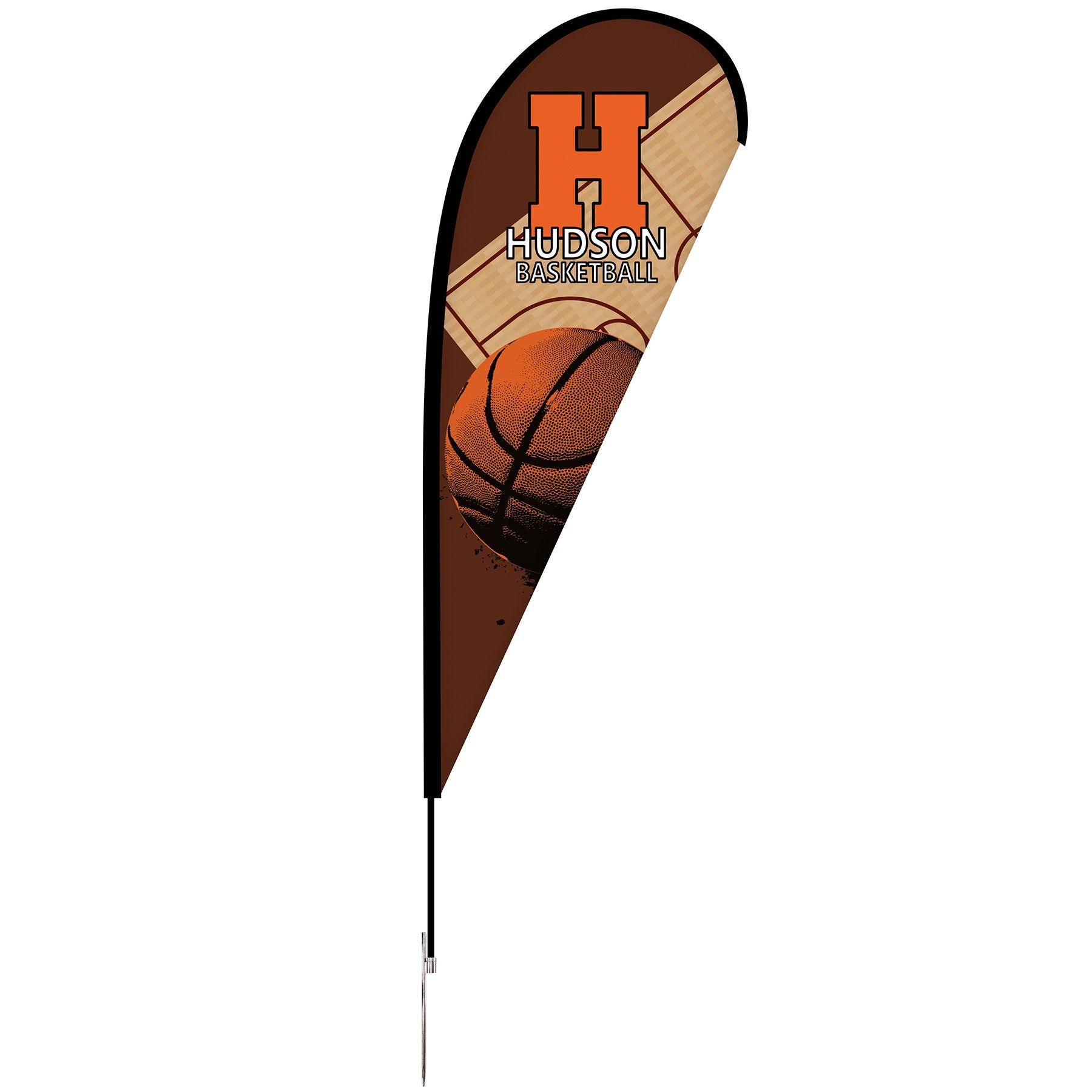 A teardrop flag with a basketball and the letter h on it.