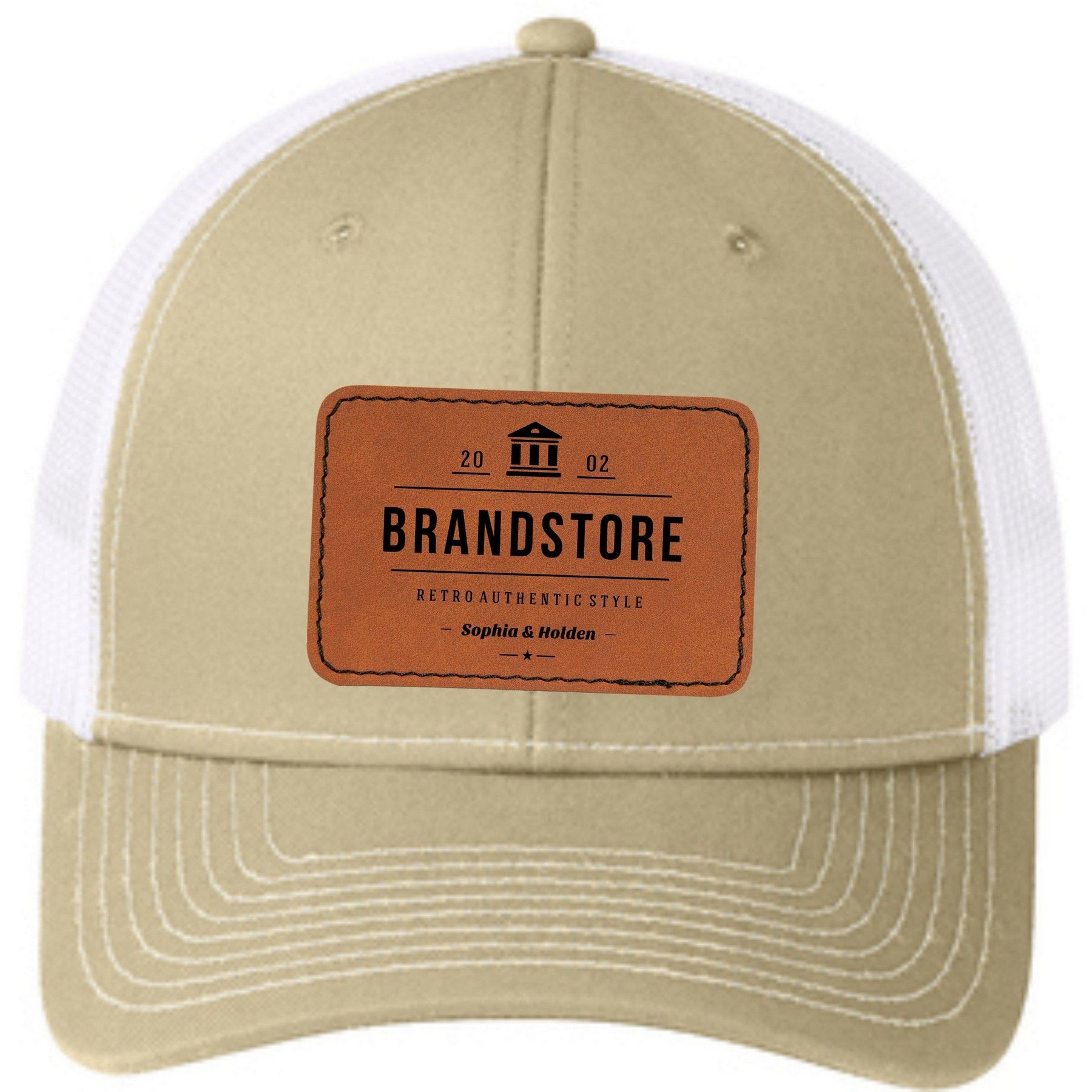 A tan and white baseball cap with a brandstore logo on it