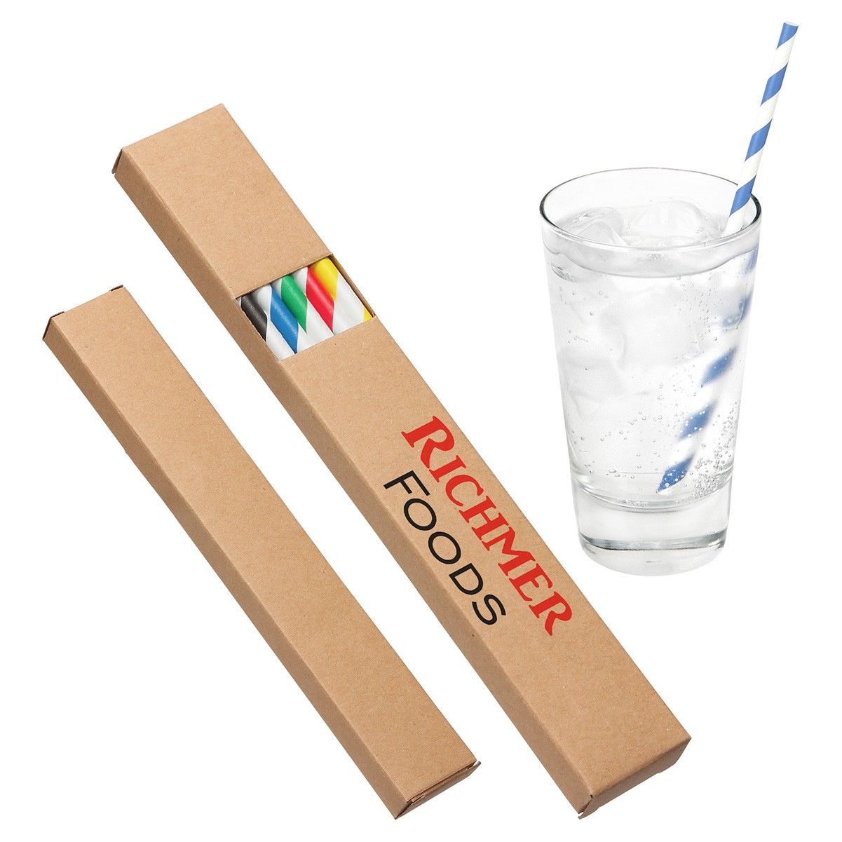 A box that says richner foods next to a glass of water
