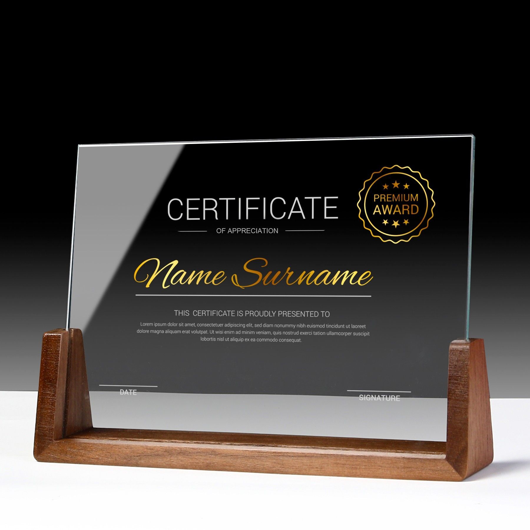 A glass certificate with the name surname on it