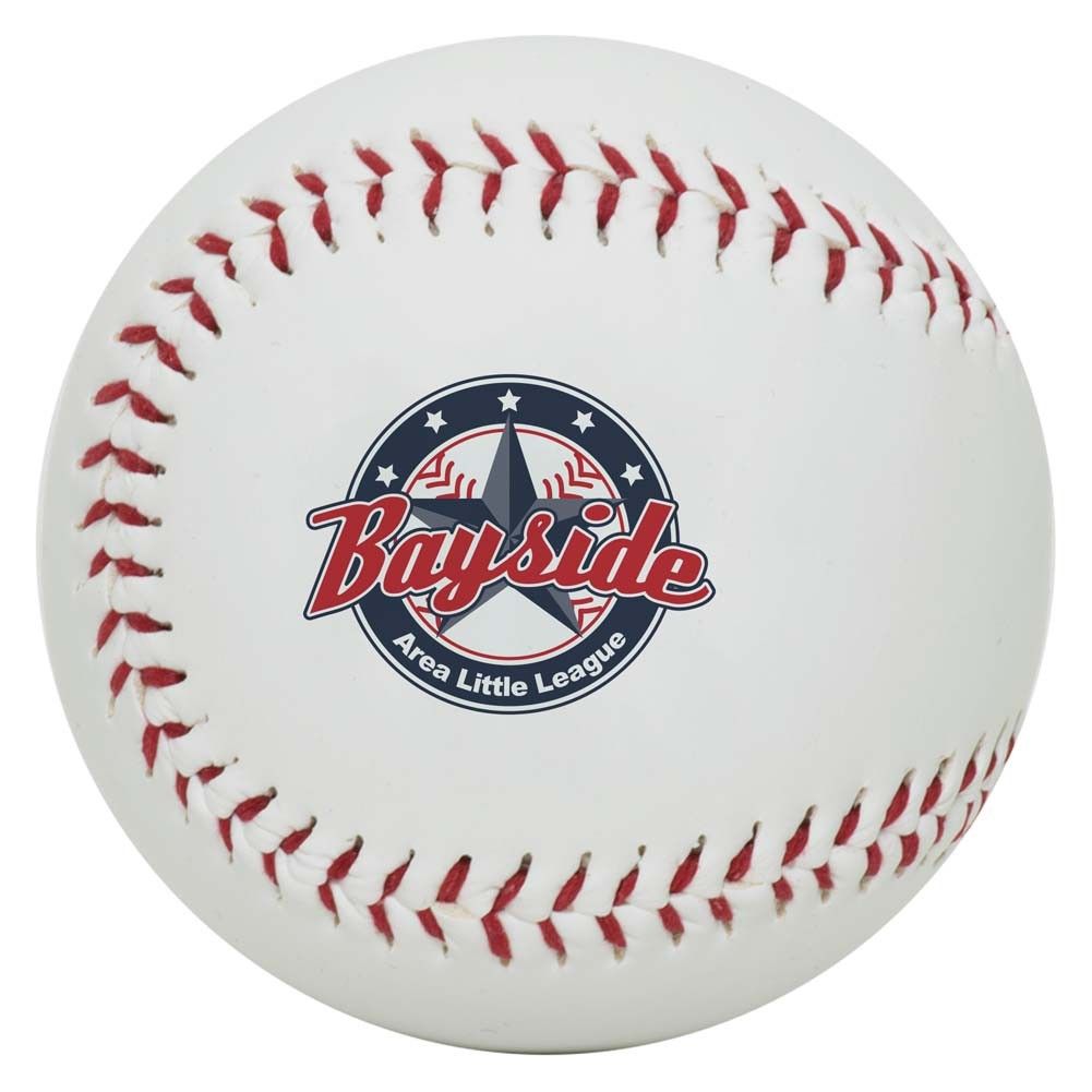 A white baseball with the bayside area little league logo on it