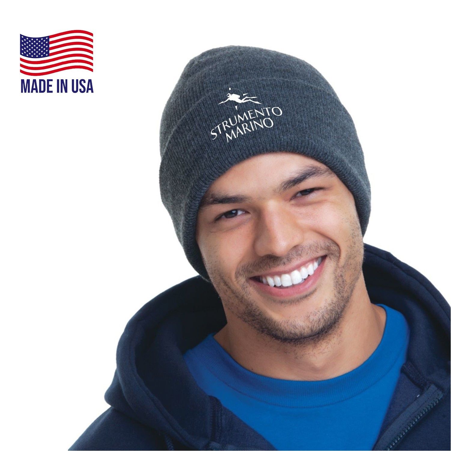 A man wearing a beanie made in the usa