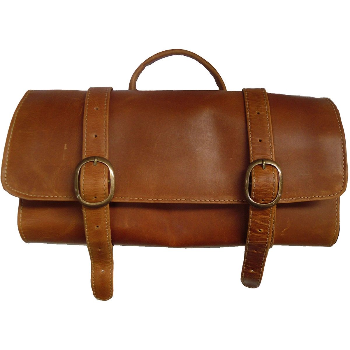A brown leather bag with two buckle straps and a handle
