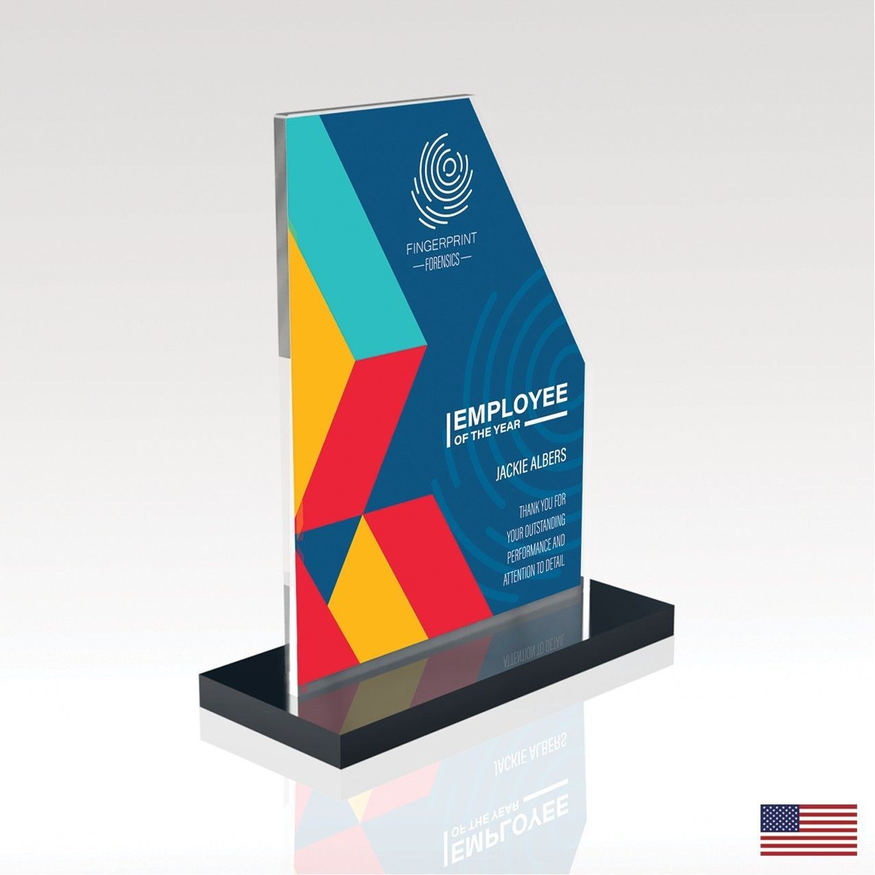 A colorful acrylic plaque with the word employee on it