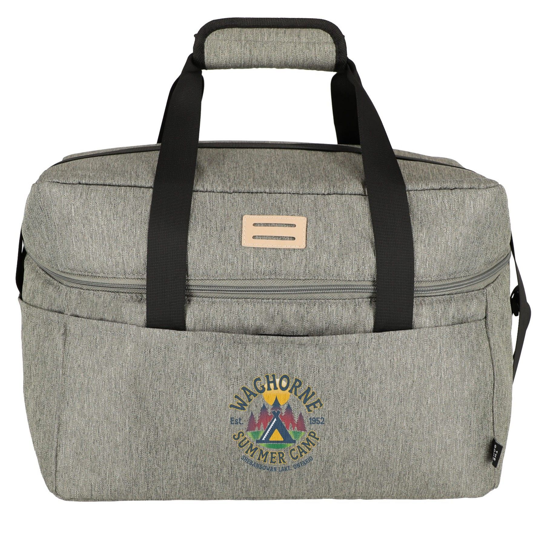 A grey duffel bag with the word nachorne embroidered on it