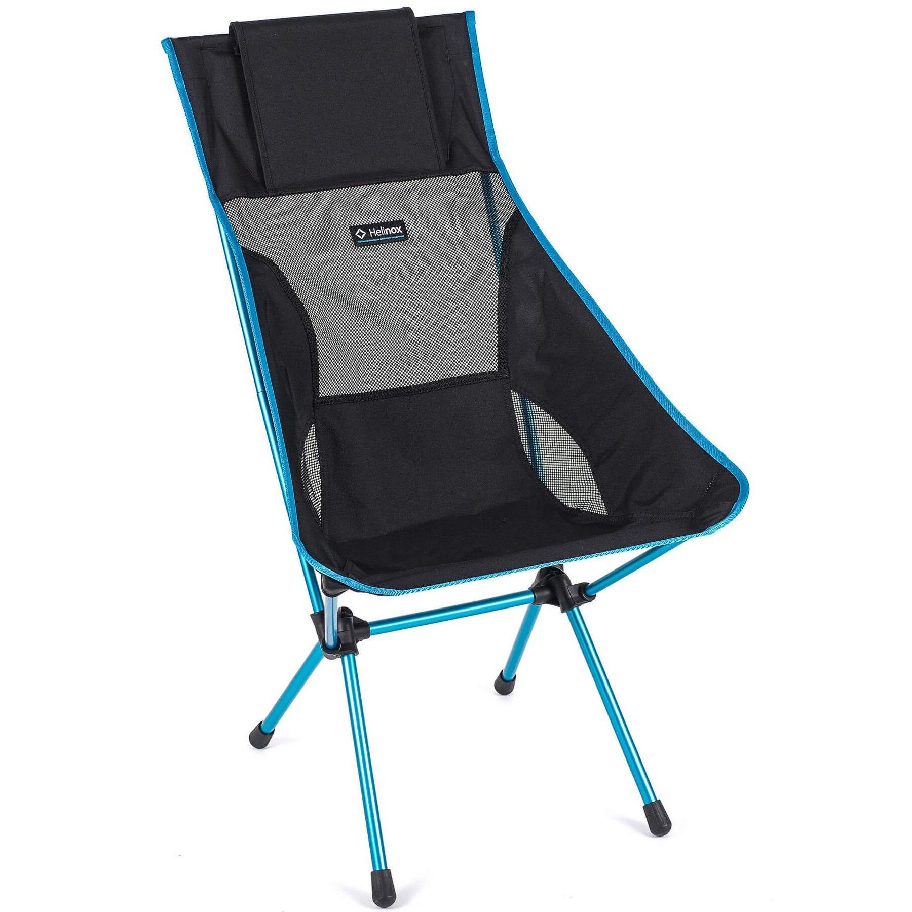A black and blue folding chair on a white background