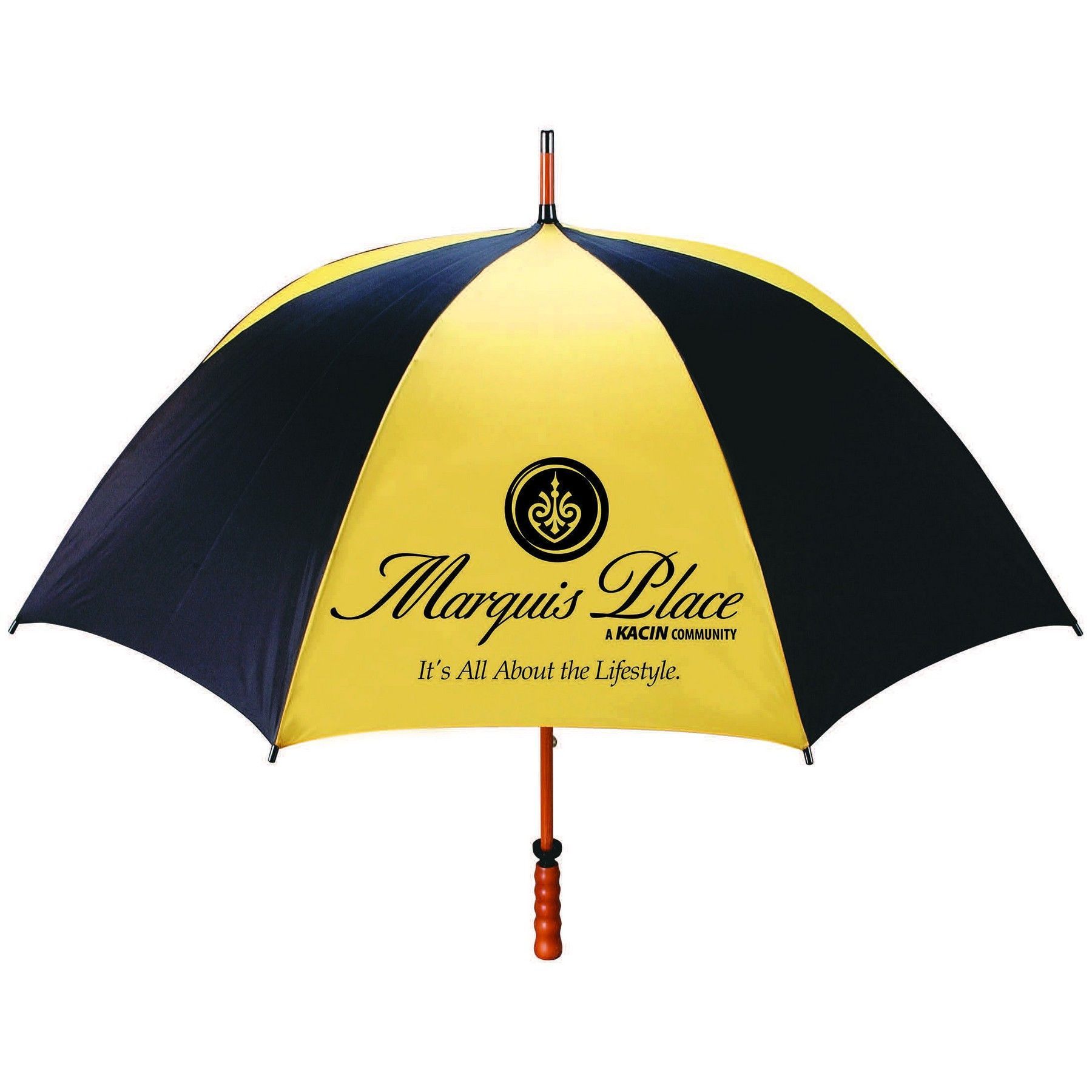 A yellow and black umbrella with marquis place written on it