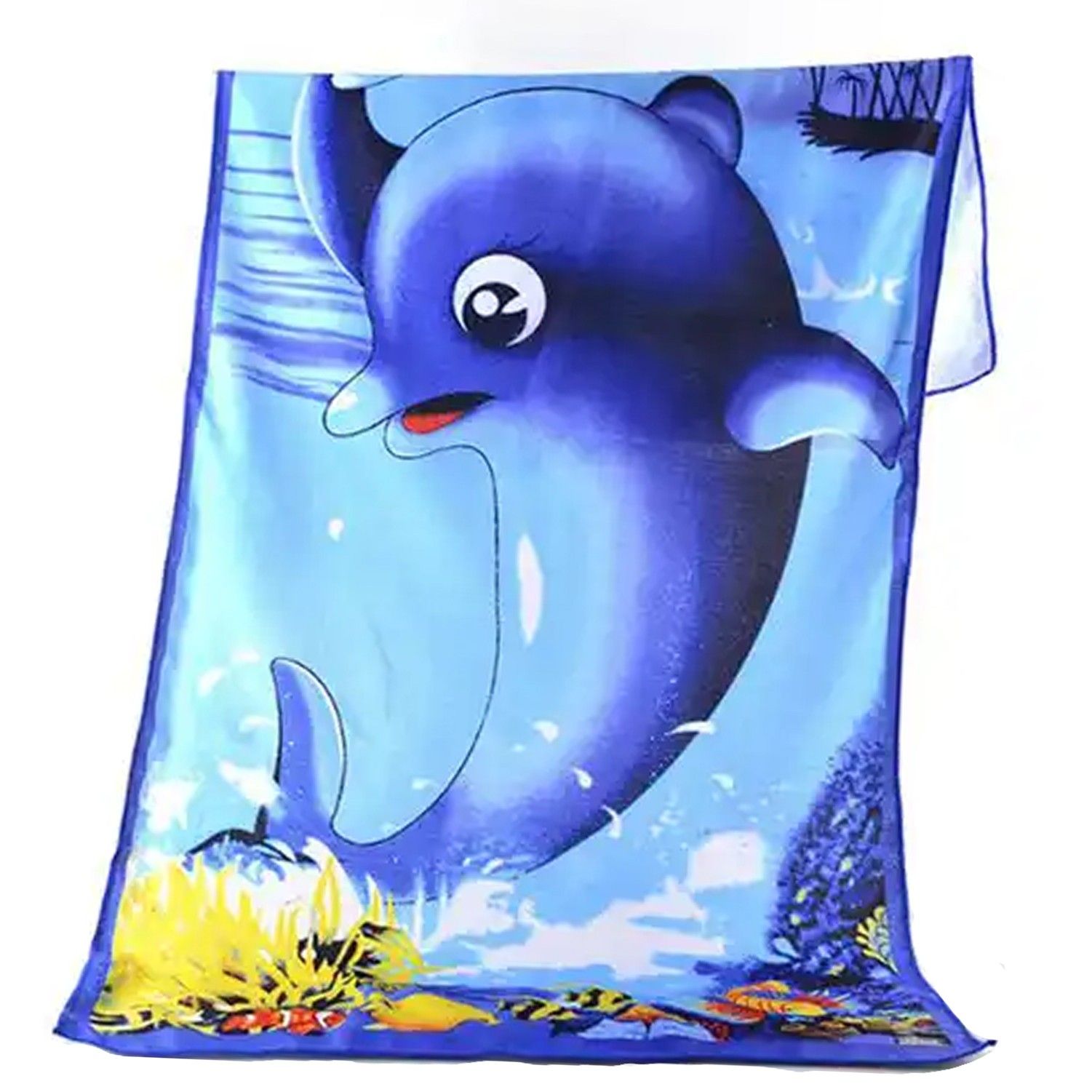 A blue towel with a dolphin on it