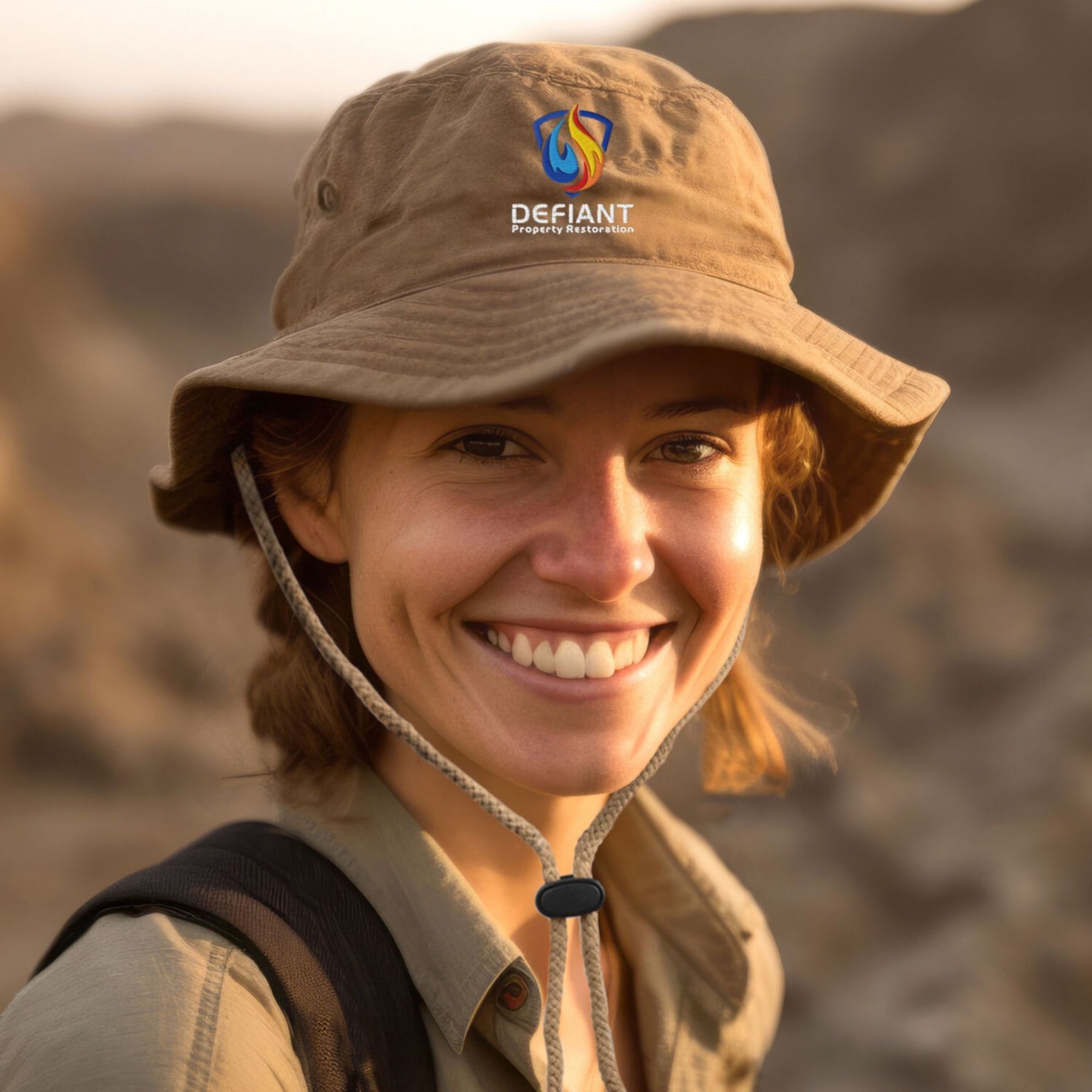 A woman wearing a hat that says defiant on it
