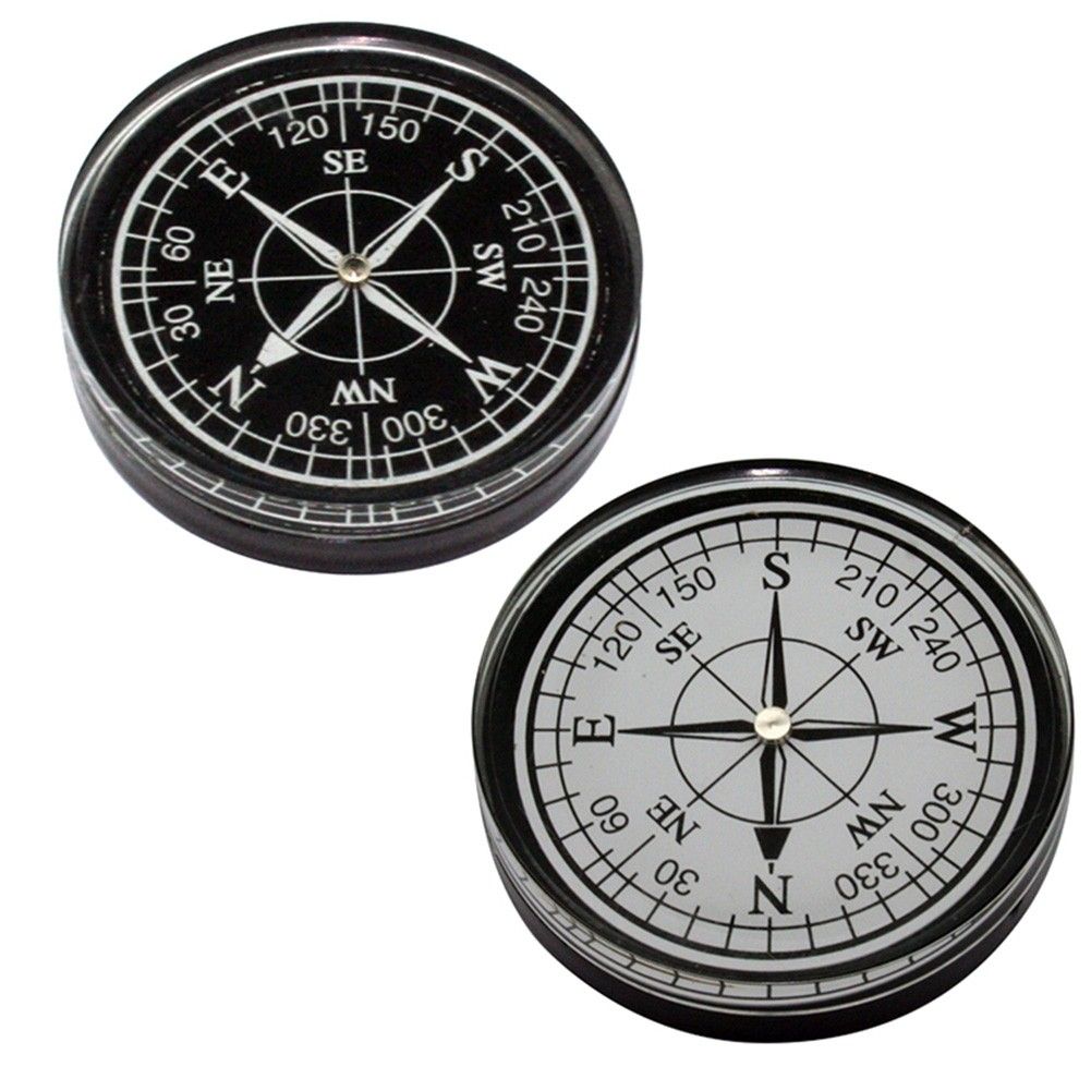 Two black compasses are shown on a white background.