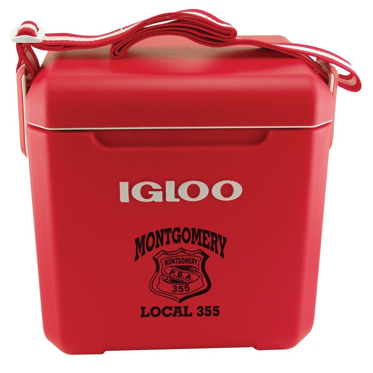 A red igloo cooler from montgomery local 355