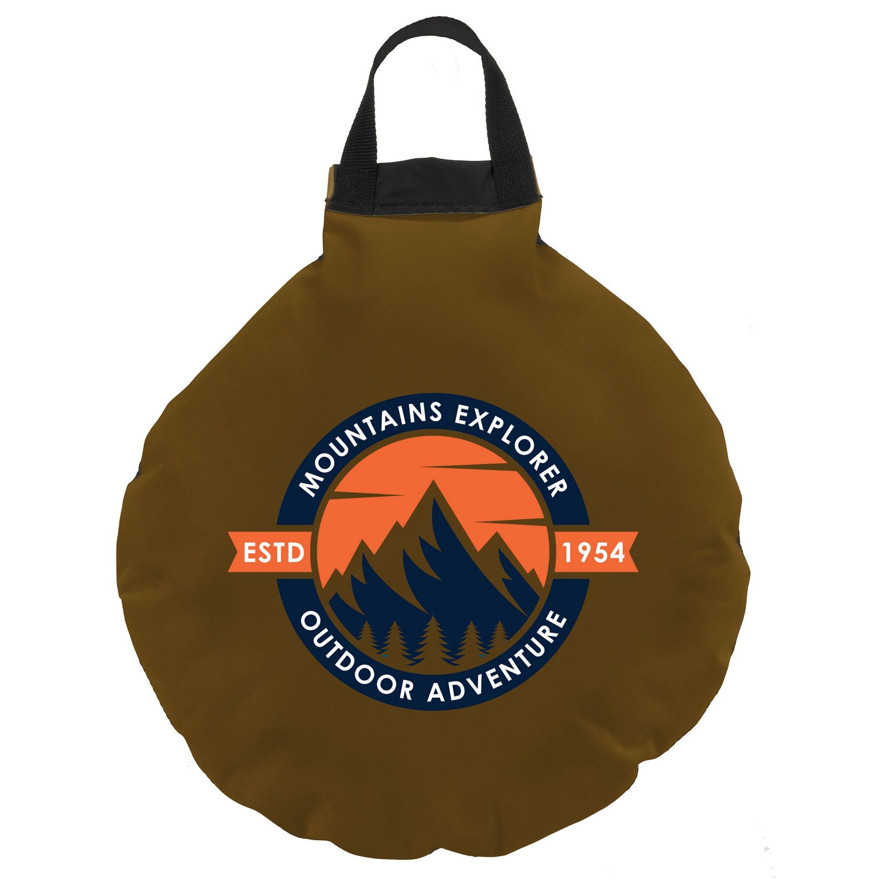 A brown bag that says mountains explorer outdoor adventure