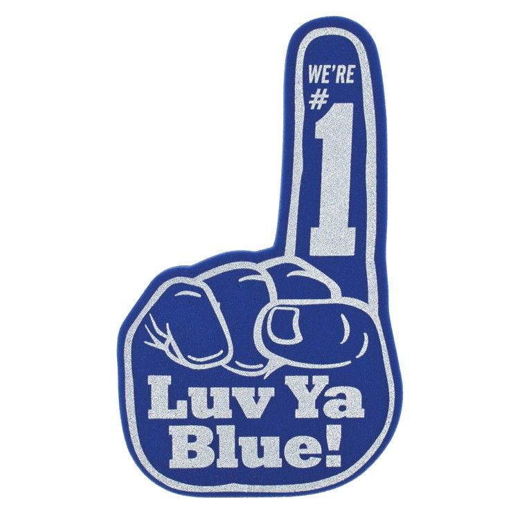 A blue foam finger that says we 're # 1 luv ya blue