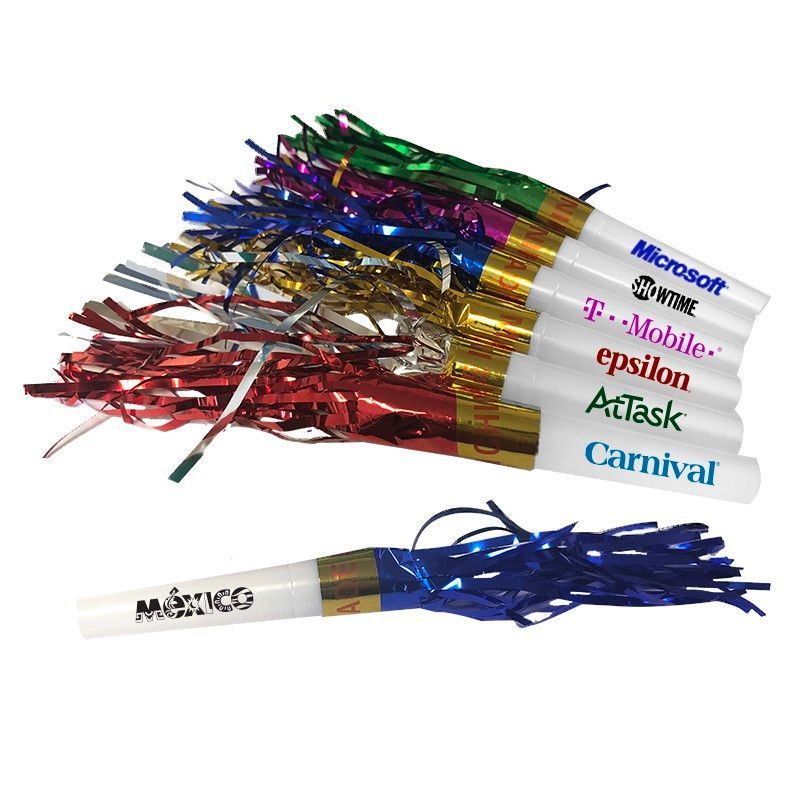 A bunch of party horns with t mobile epsilon at task and carnival written on them