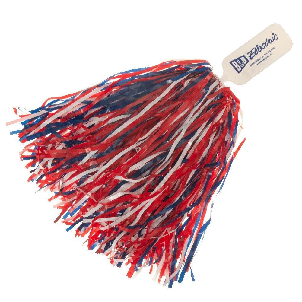 A red white and blue pom pom with a zebranic logo on it