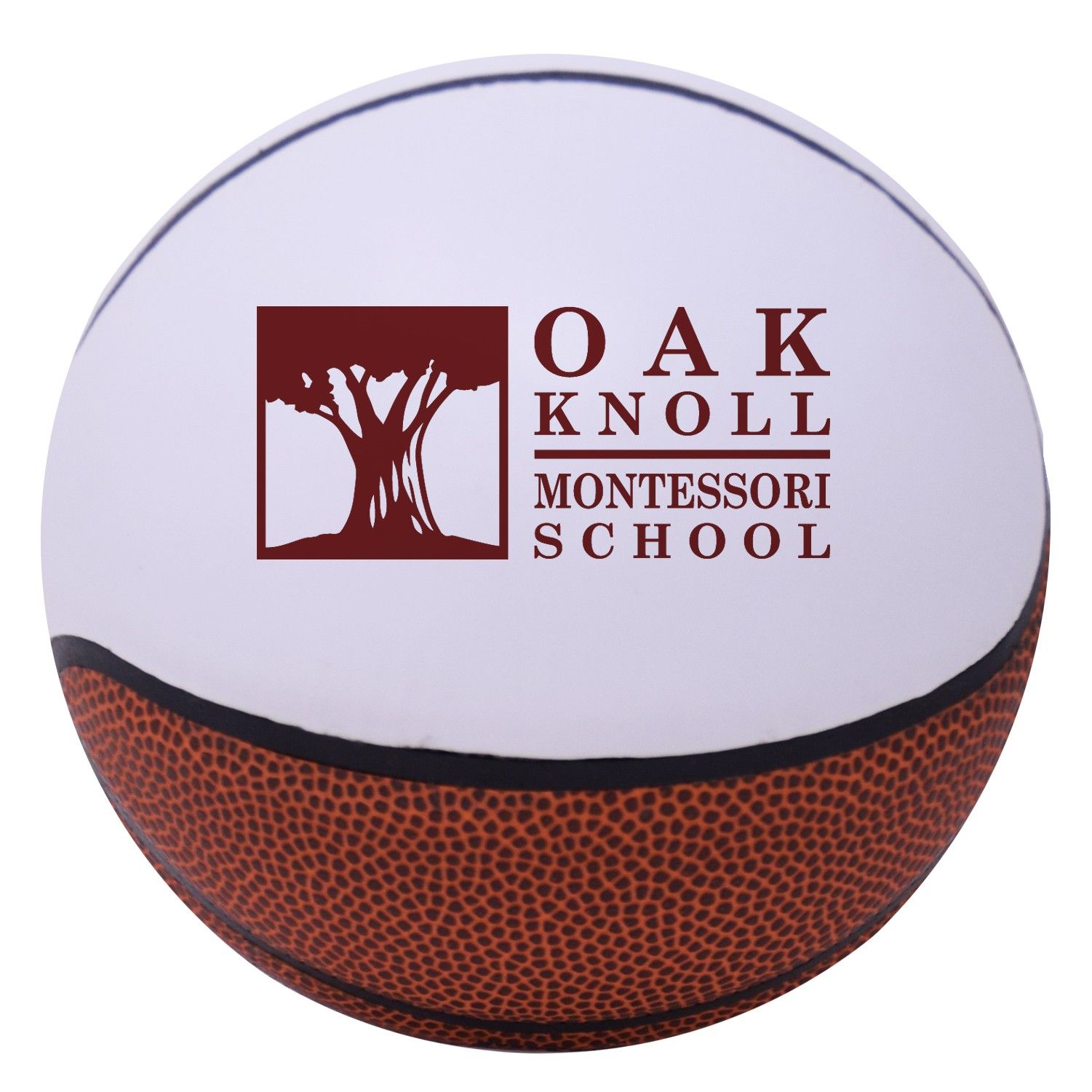 A basketball with the oak knoll montessori school logo on it
