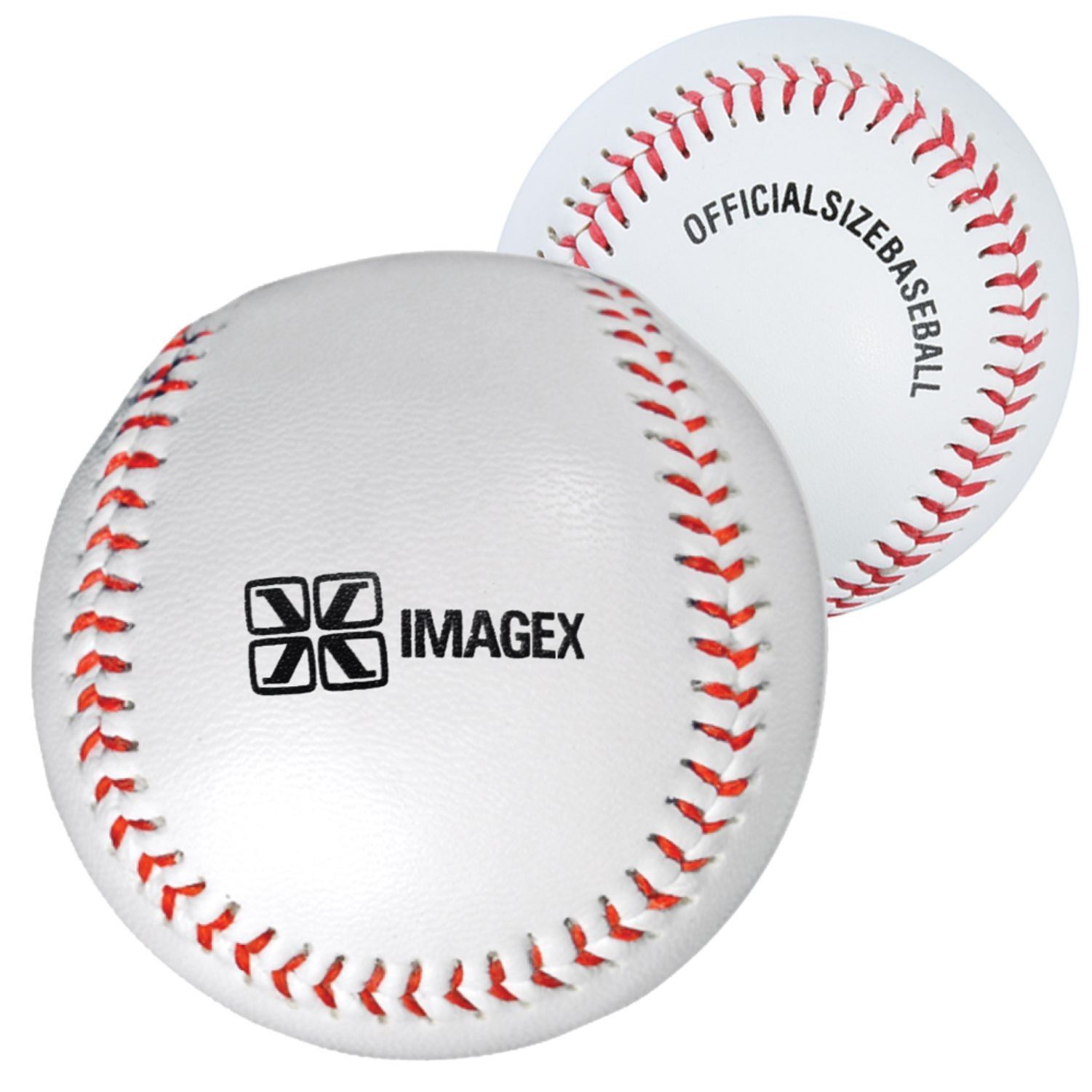 A white imagex baseball with red stitching