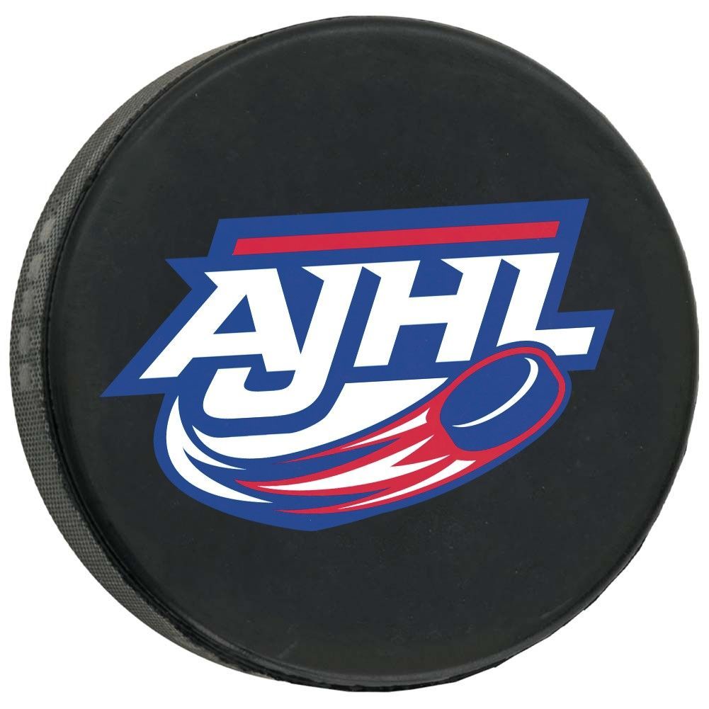 A hockey puck with the ajhl logo on it