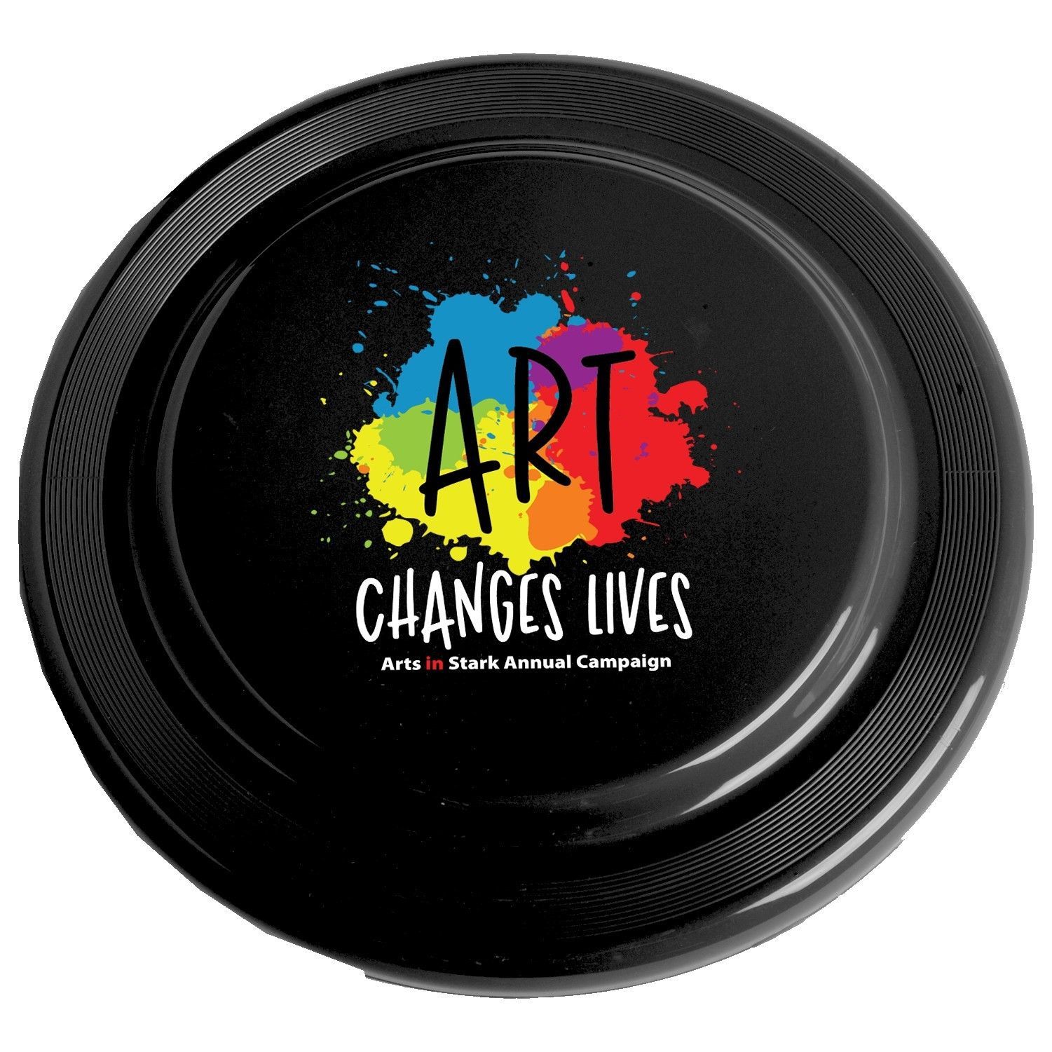 A frisbee with the words art changes lives on it